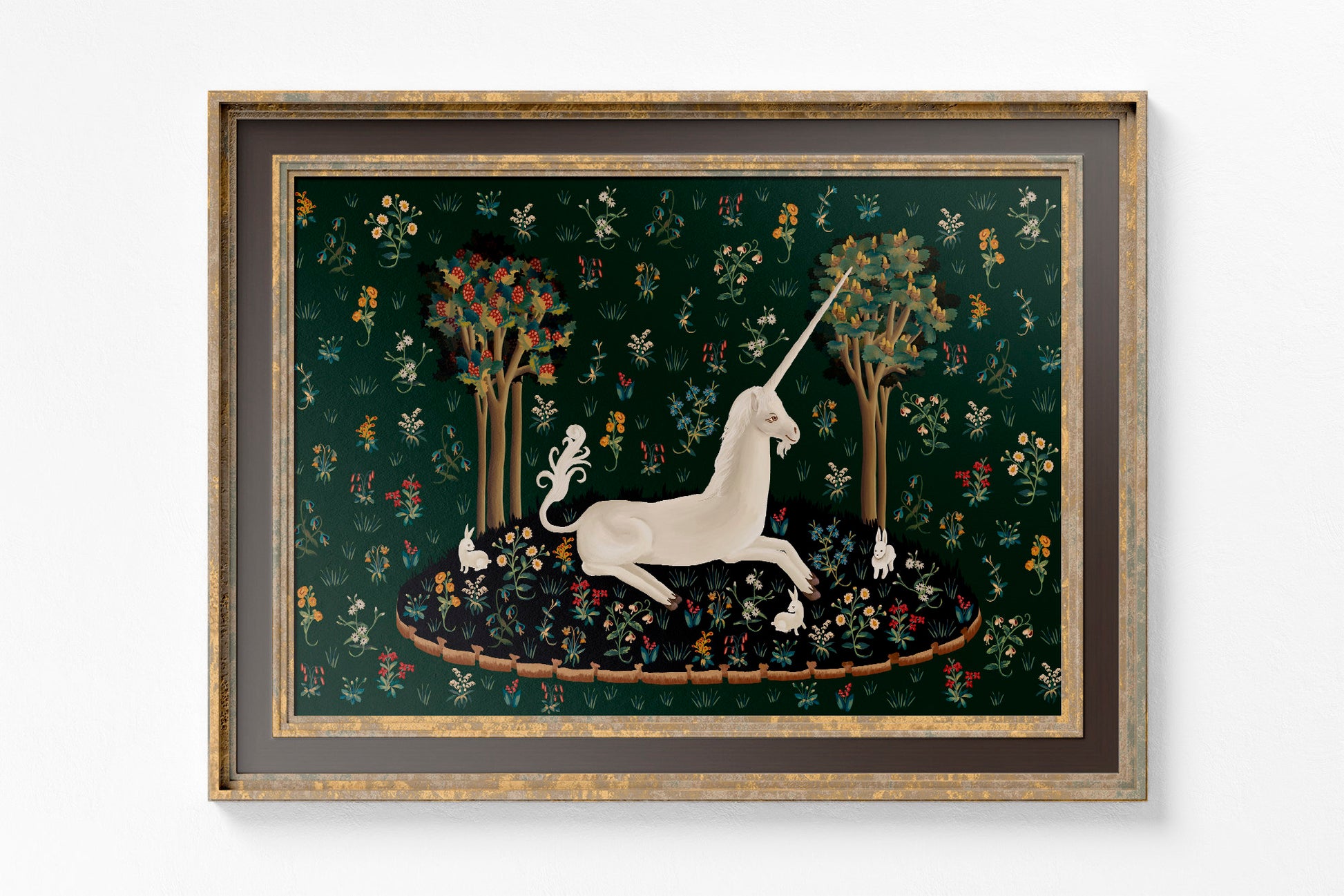 Medieval Unicorn Print - Floral Print - Bunnies Print - Medieval Art - Flora - tapestries style on green background