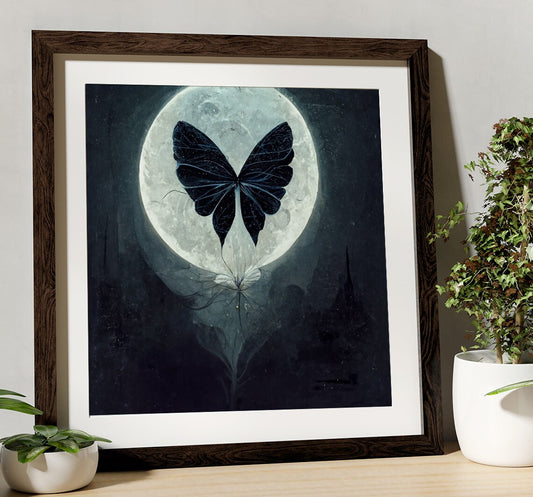 Butterfly Moon Painting - Print - Black and White Moths and Butterflies - Mandala Square - For Your Sacred Space by DesignBohemian