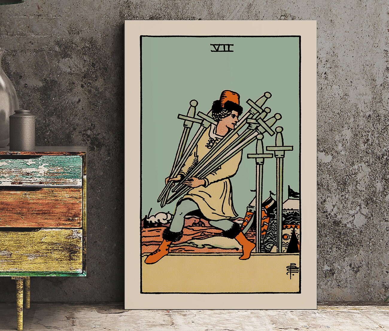 7 of Swords - Tarot Card Print - The Seven of Swords Blue Sky Card Poster, No Frame