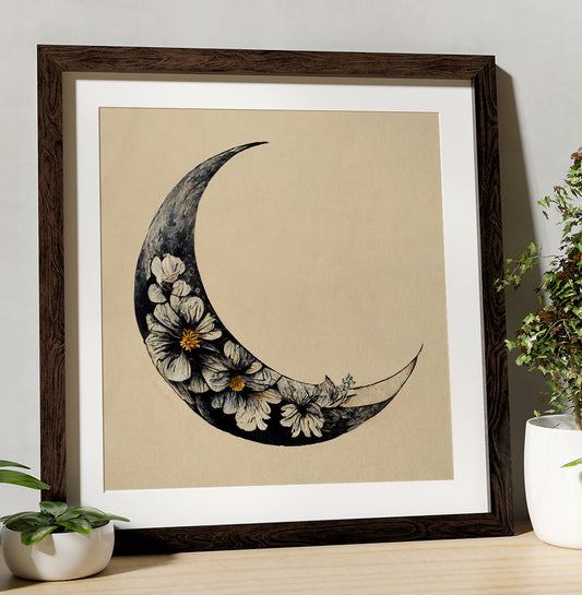 Flower Moon Painting - Print - Black and Beige - - Mandala Square - For Your Sacred Space