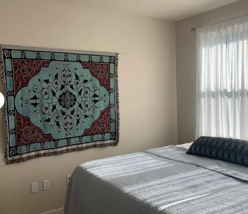 Teal Woven Cotton Blanket: Vintage Bohemian Tapestry Throw by DesignBohemian