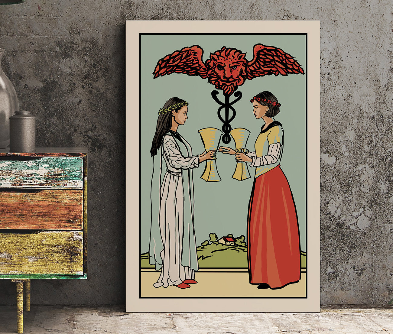 Two of Cups - Tarot Card Print - Two Women Card Poster, No Frame