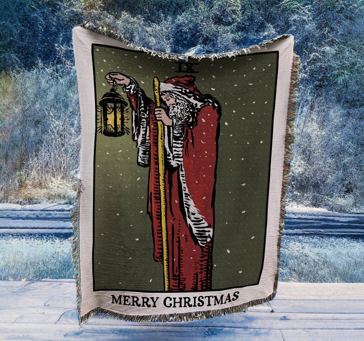 Christmas Woven Blanket - The Hermit as Santa Clause Tarot Card - Rider Waite Deck - Cotton