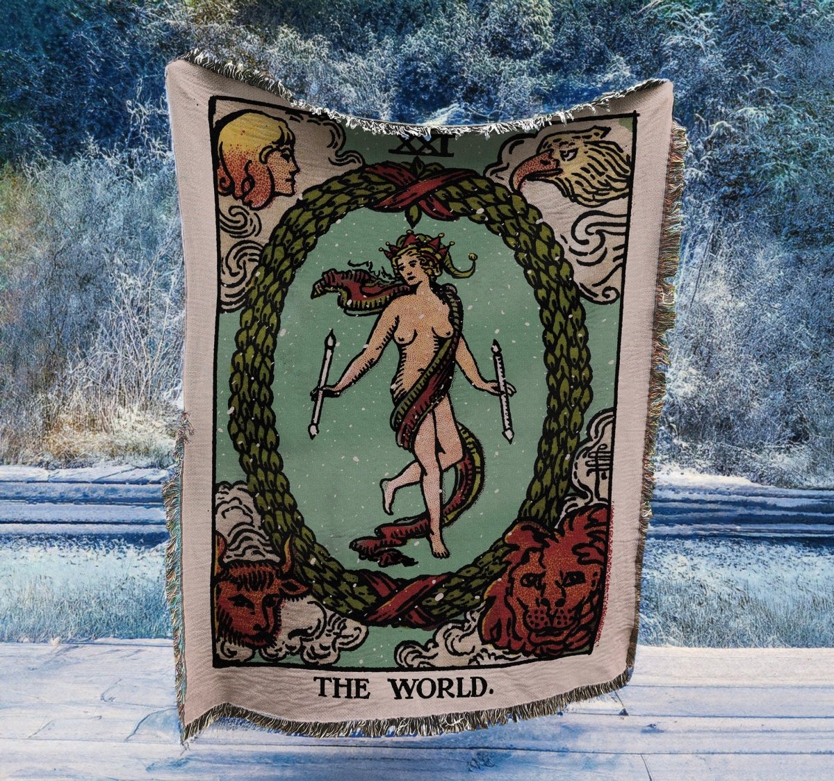 Christmas Woven Blanket - The world as an Elf Tarot Card - Rider Waite Deck - Cotton