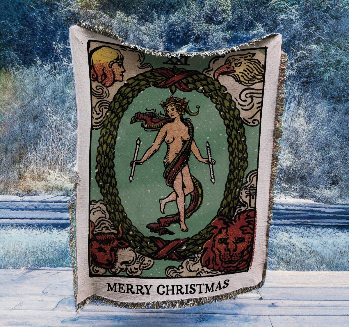Christmas Woven Blanket - The world as an Elf Tarot Card - Rider Waite Deck - Cotton