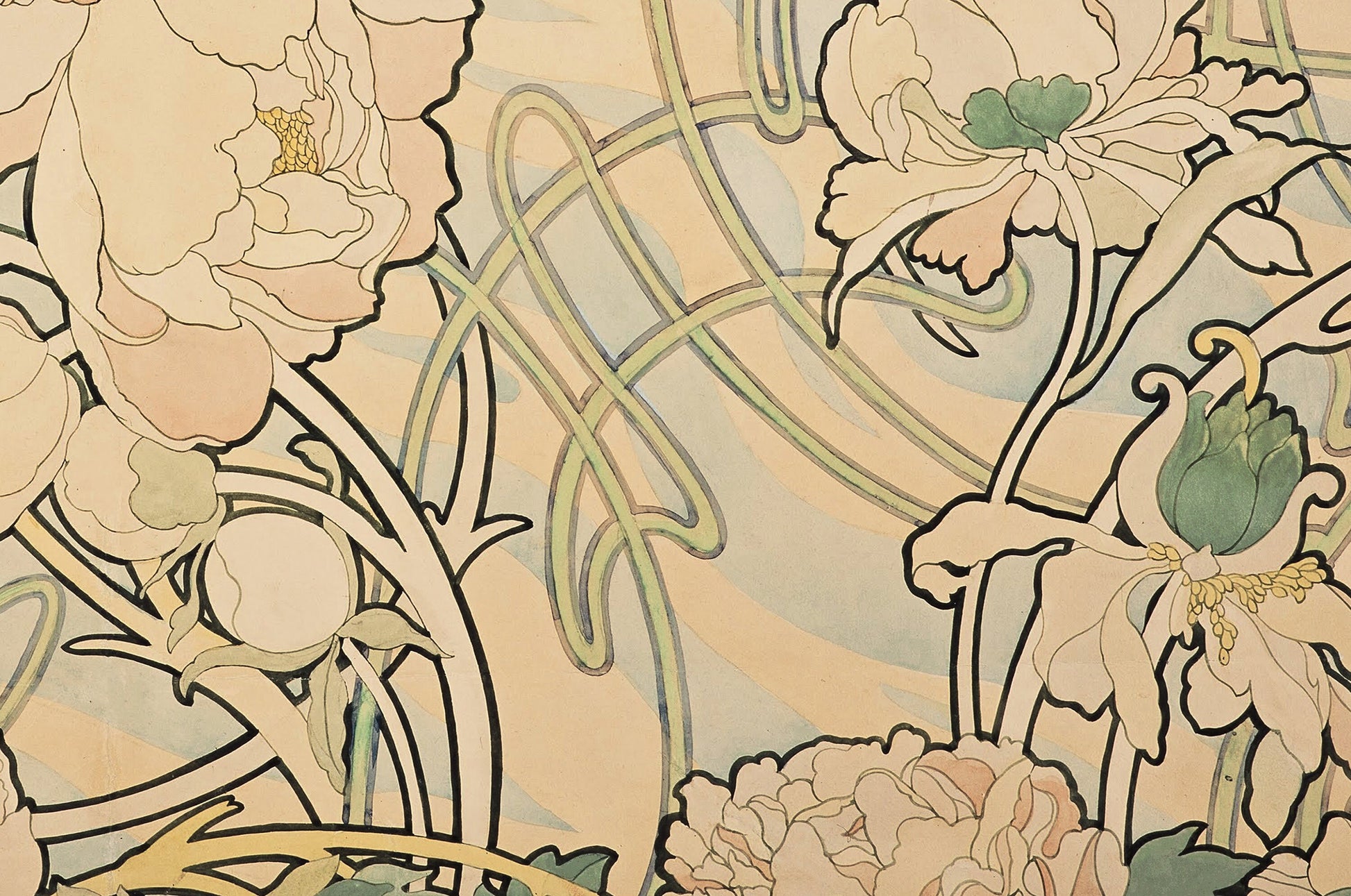 Art Nouveau Poster Floral Print Bohemian Print Large Artwork Mucha - Beige, Pink, and Green - Vintage