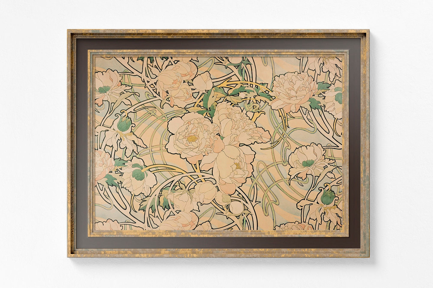 Art Nouveau Poster Floral Print Bohemian Print Large Artwork Mucha - Beige, Pink, and Green - Vintage