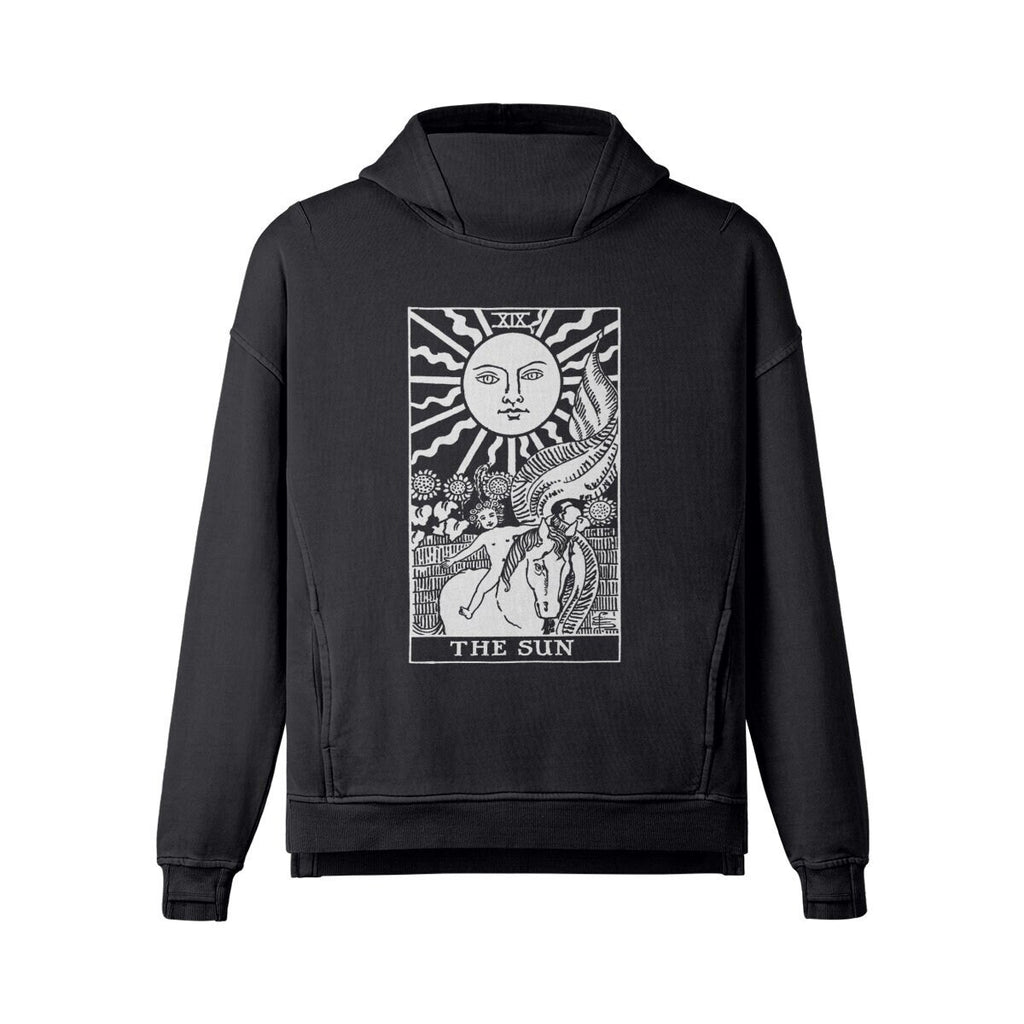 Tarot Hoodie - The Sun Card Tarot Hoodie - Black Unisex Washed Slit Hem Turtleneck Hoodie
