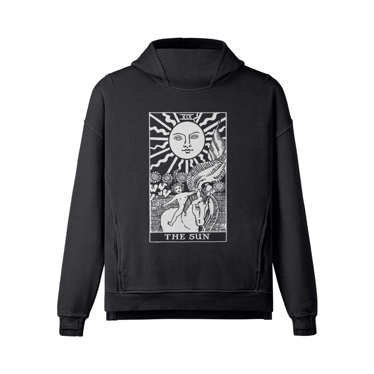 Tarot Hoodie - The Sun Card Tarot Hoodie - Black Unisex Washed Slit Hem Turtleneck Hoodie