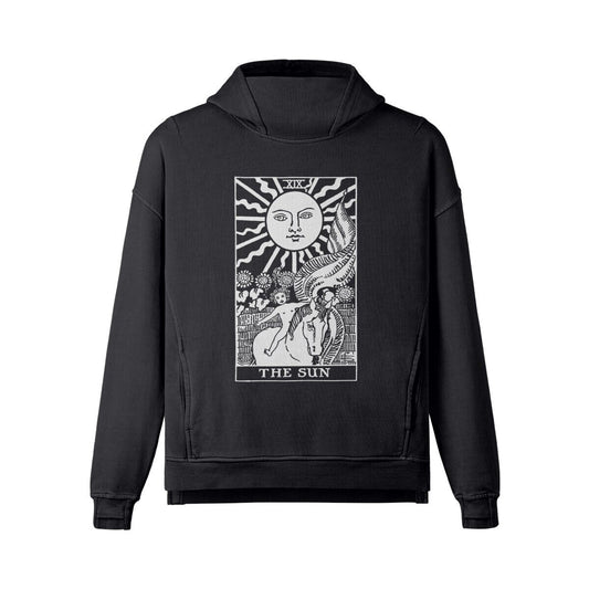 Tarot Hoodie - The Sun Card Tarot Hoodie - Black Unisex Washed Slit Hem Turtleneck Hoodie