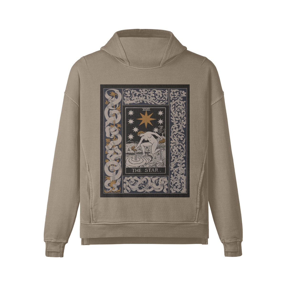 Tarot Hoodie - The Star Tarot Card Hoodie - Unisex Washed Slit Hem Turtleneck Hoodie