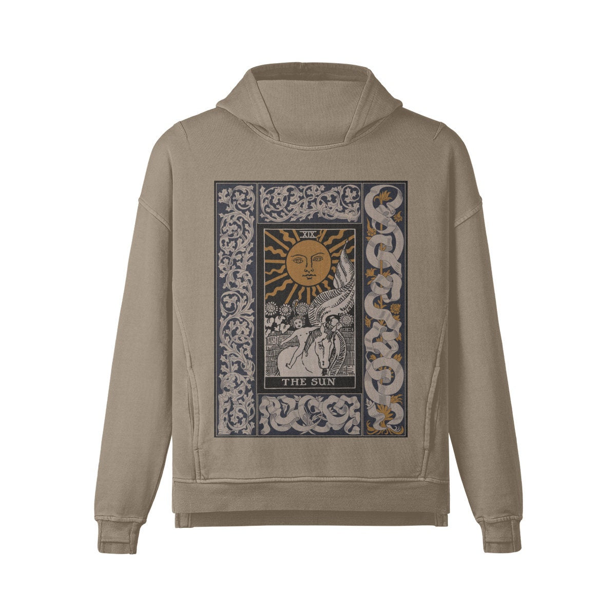 Tarot Hoodie - The Sun Card - Mens Or Womens - Washed Slit Hem Turtleneck Hoodie