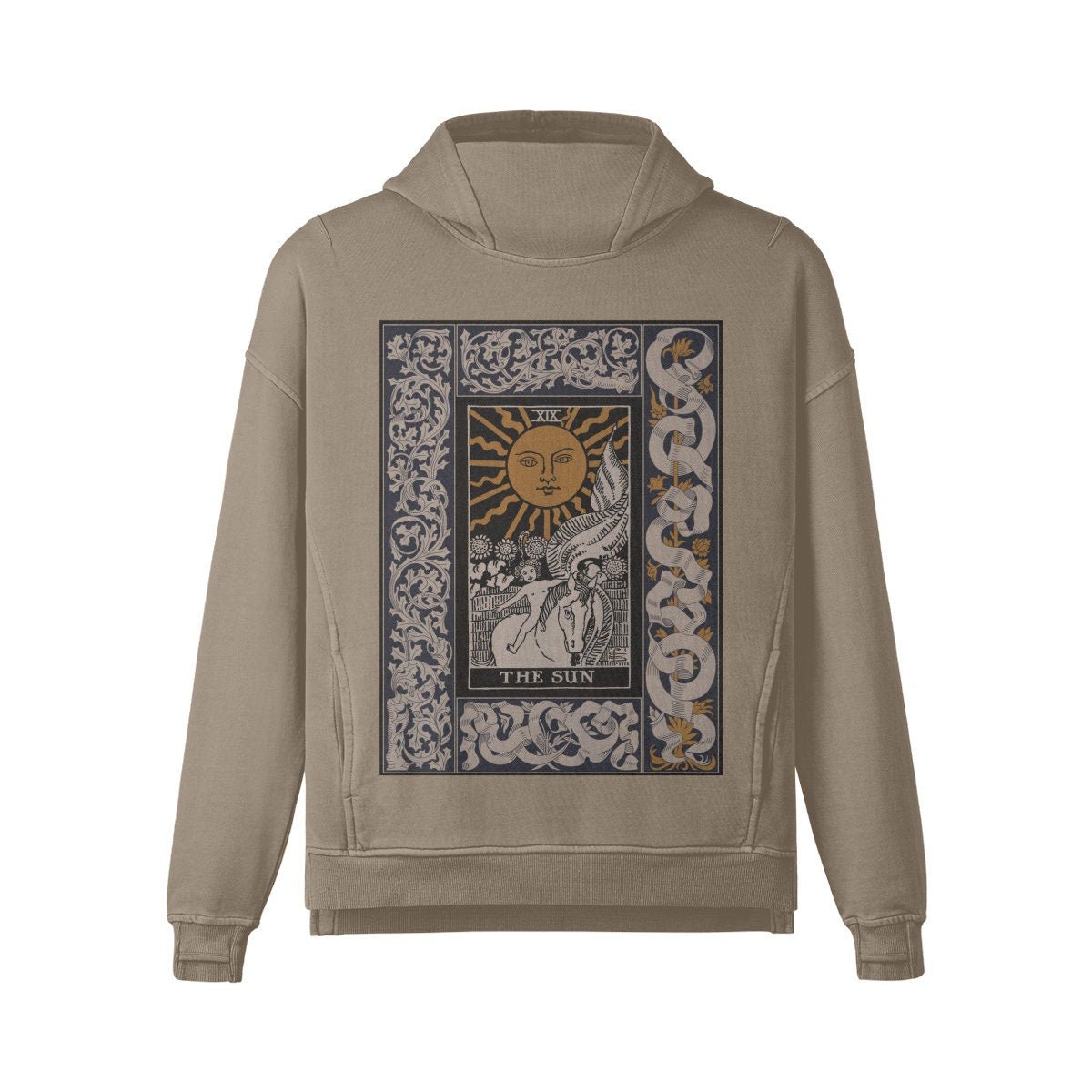 Tarot Hoodie - The Sun Card - Mens Or Womens - Washed Slit Hem Turtleneck Hoodie