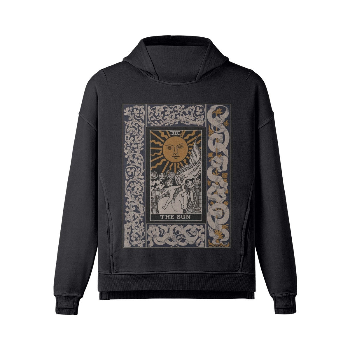 Tarot Hoodie - The Sun Card - Mens Or Womens - Washed Slit Hem Turtleneck Hoodie