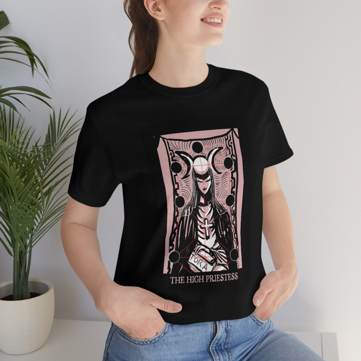 The High Priestess Shirt - Tarot Card Shirt - Black and Pink - Unisex Jersey Short Sleeve Tee