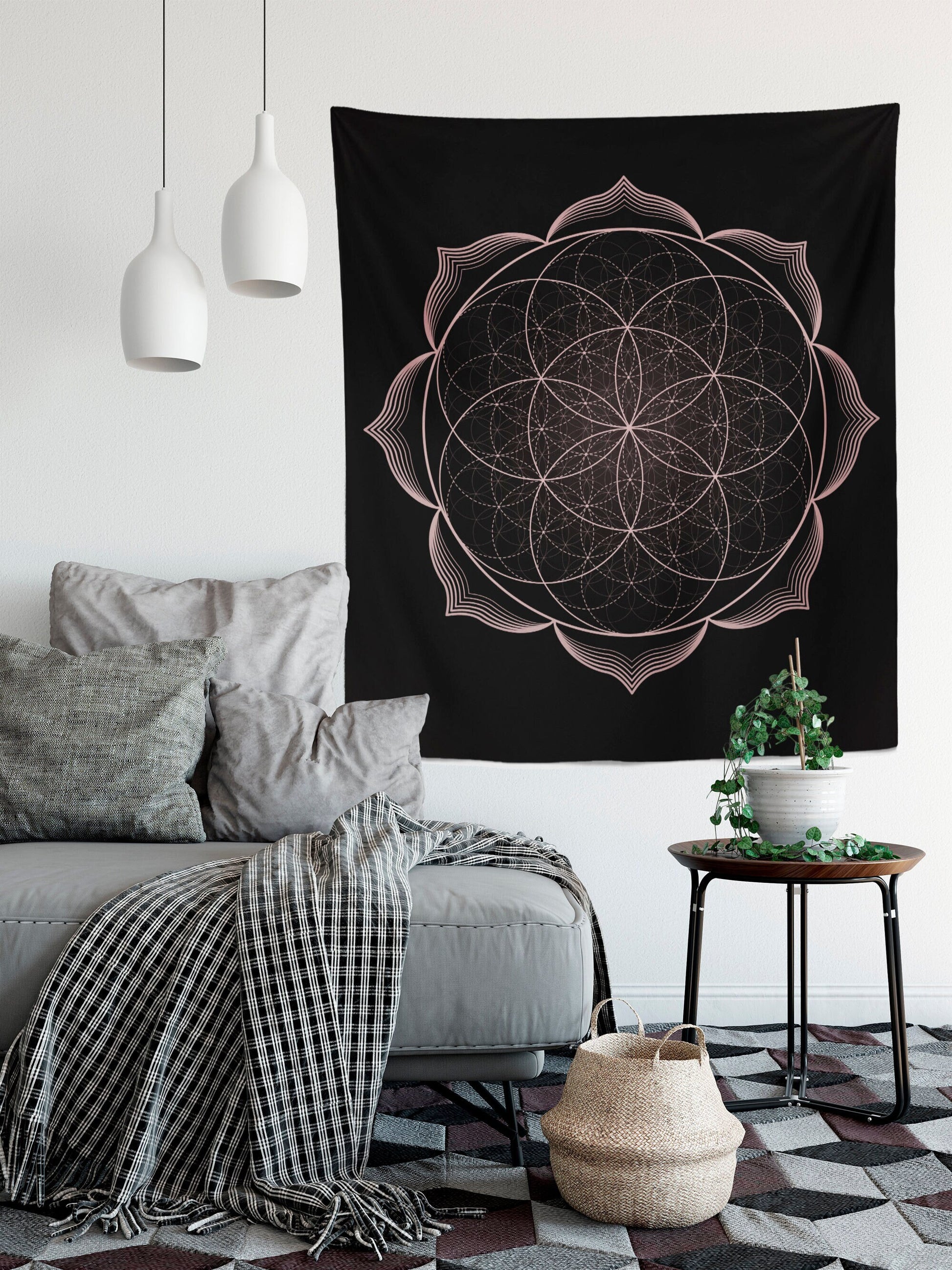 Seed Of Life Mandala Wall Tapestry Black Pink Gothic Mandala - Colors Yoga by DesignBohemian