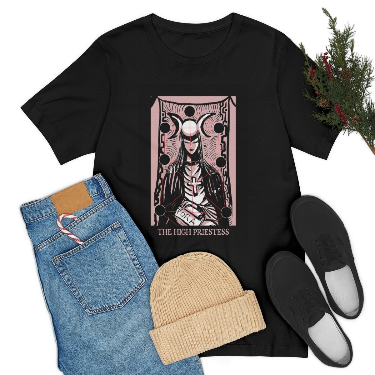 The High Priestess Shirt - Tarot Card Shirt - Black and Pink - Unisex Jersey Short Sleeve Tee