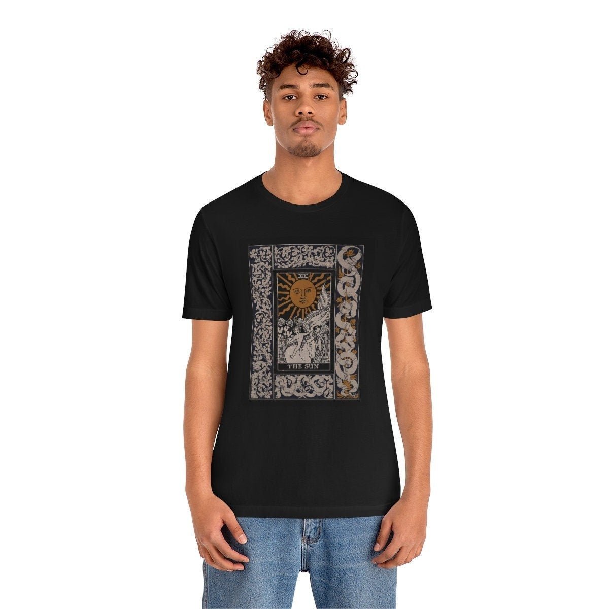 The Sun Tarot Shirt - Vintage Tarot Design - Black Unisex Jersey Short Sleeve Tee