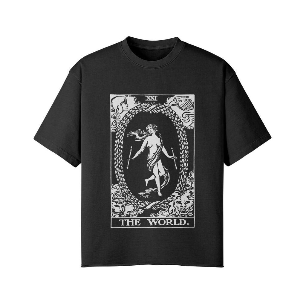 The World Card Shirt - Tarot Shirt - Streetwear - Oversized - Vintage - Unisex Faded Raw Hem T-shirt