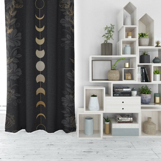 Gold Moon Phases Curtain with Flowers - Moon Alchemy Design Bohemian Art by DesignBohemian