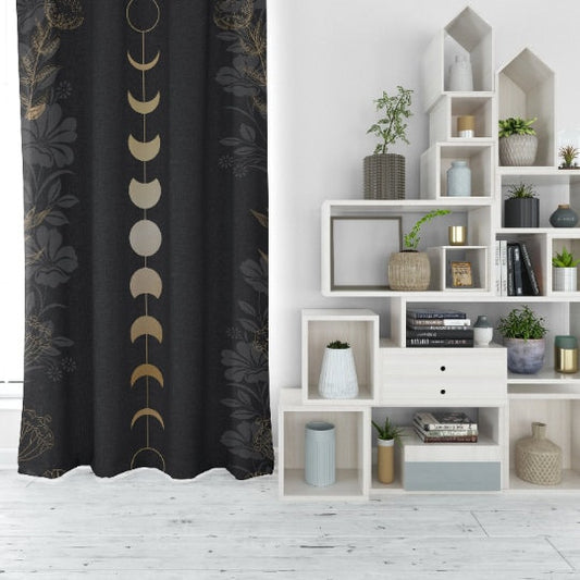 Gold Moon Phases Curtain with Flowers - Moon Alchemy Design Bohemian Art by DesignBohemian
