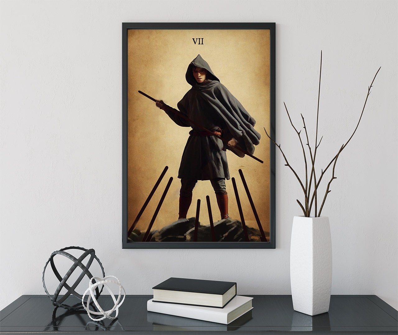 7 of Wands- Tarot Card Print from the Green Menagerie Deck - The Seven of Wands Card Poster, No Frame