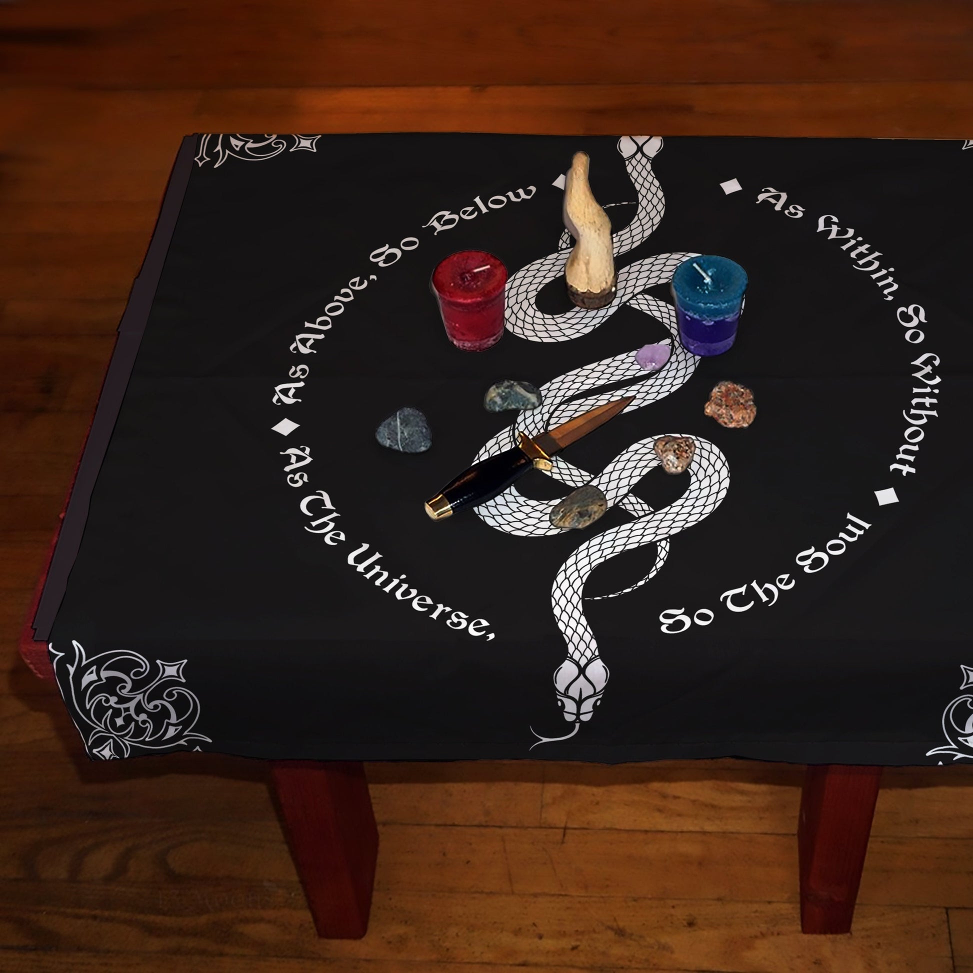 Snake Tarot Altar Cloth: Black and White Cotton 'As Above So Below' by DesignBohemian