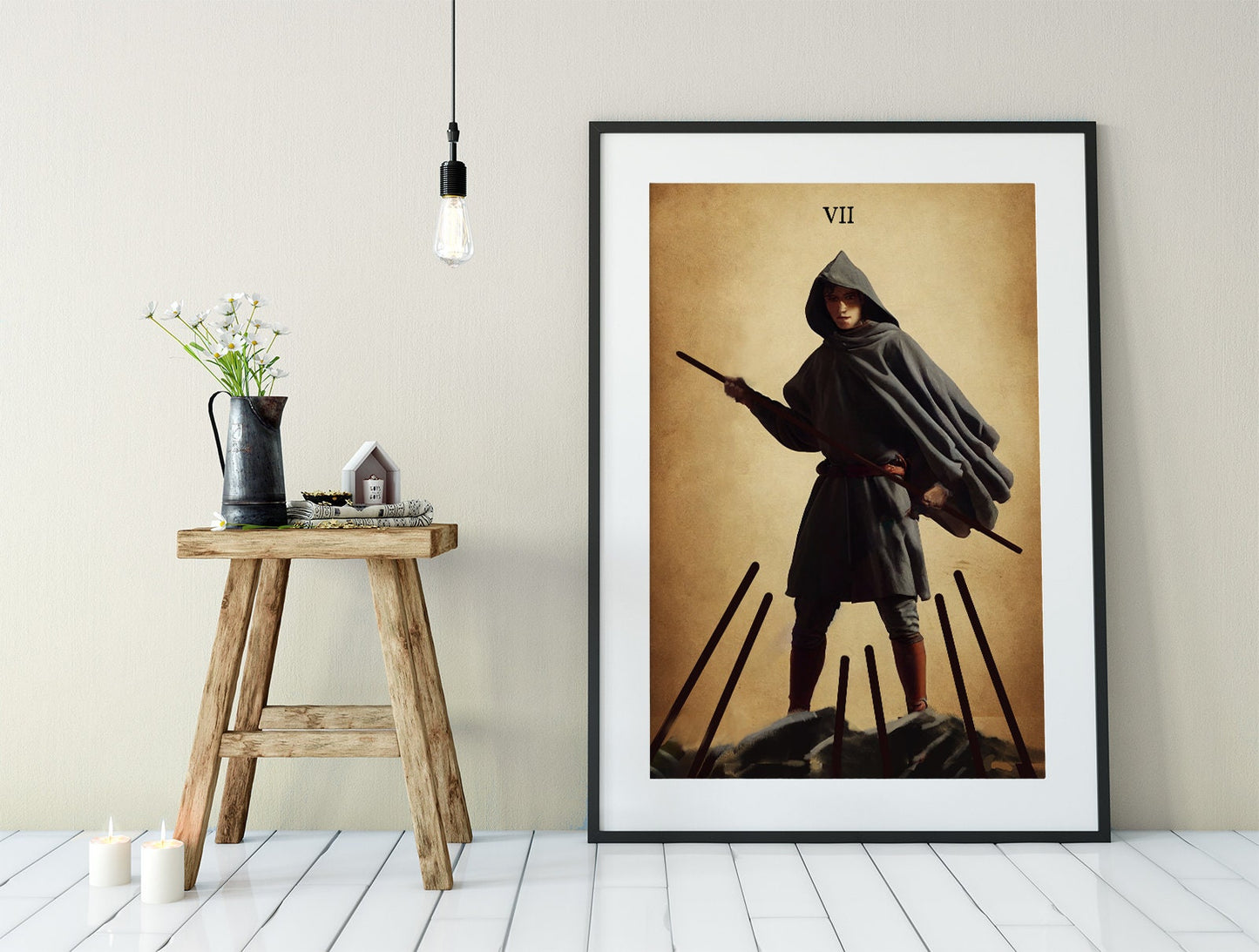 7 of Wands- Tarot Card Print from the Green Menagerie Deck - The Seven of Wands Card Poster, No Frame