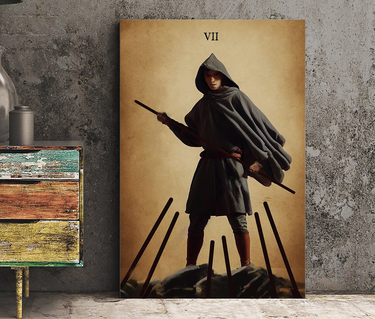 7 of Wands- Tarot Card Print from the Green Menagerie Deck - The Seven of Wands Card Poster, No Frame