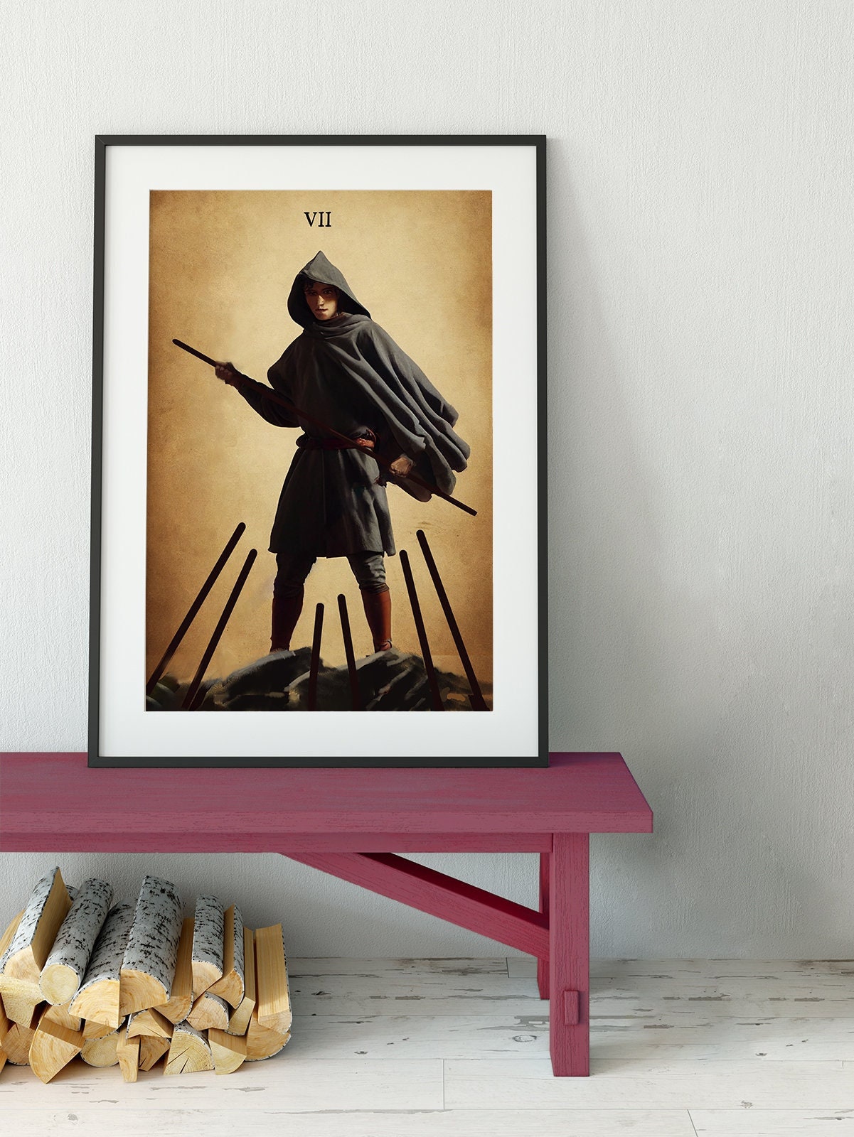 7 of Wands- Tarot Card Print from the Green Menagerie Deck - The Seven of Wands Card Poster, No Frame