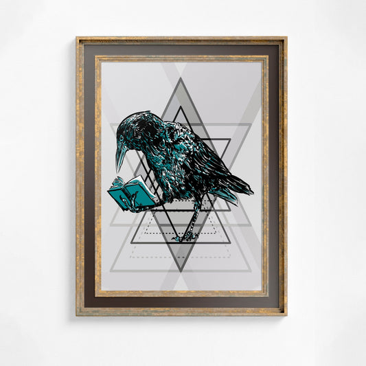 Raven Print - Crow Spirit Poster - Raven reading a book for bird lovers - Original artwork by DesignBohemian