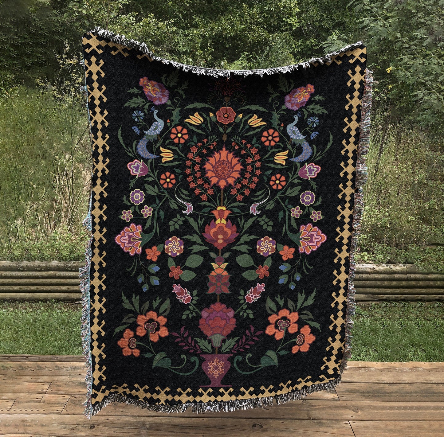 Black Floral Woven Throw Blanket: Vintage Bohemian Tapestry by DesignBohemian