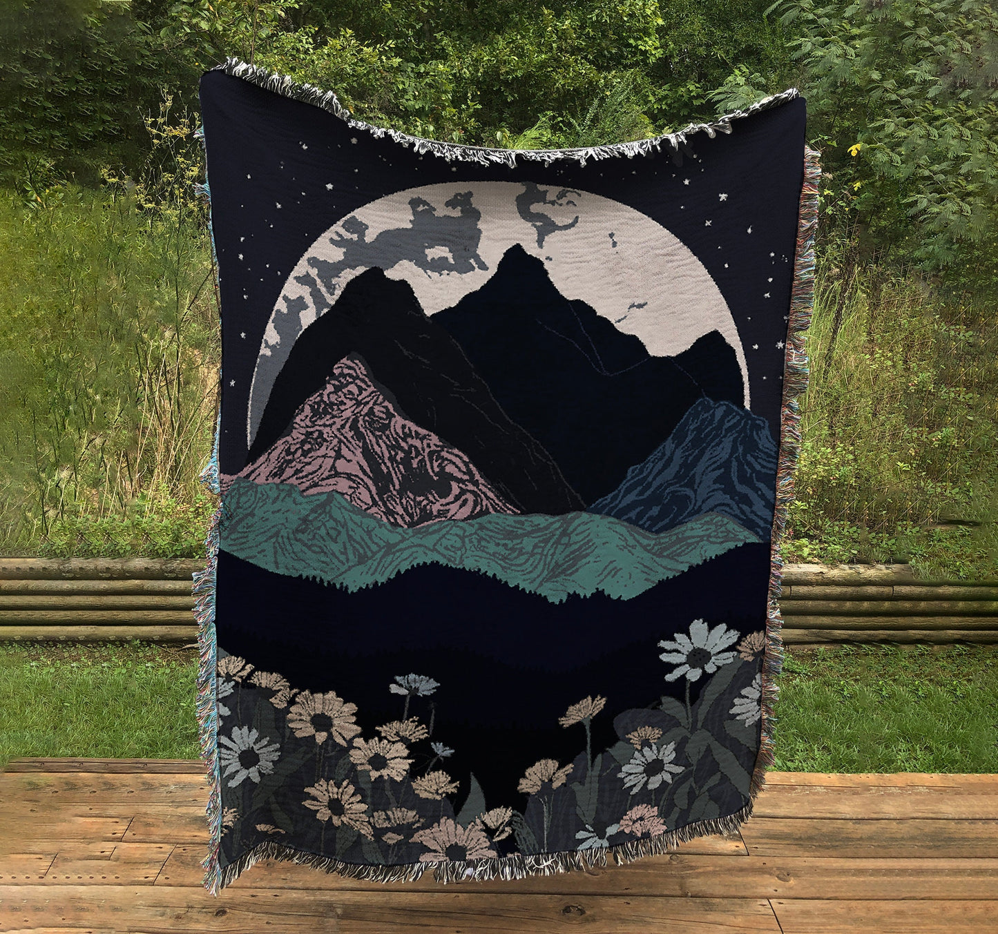 Mountains Woven Cotton Tapestry: Moon & Floral Bohemian Wall Hanging by DesignBohemian