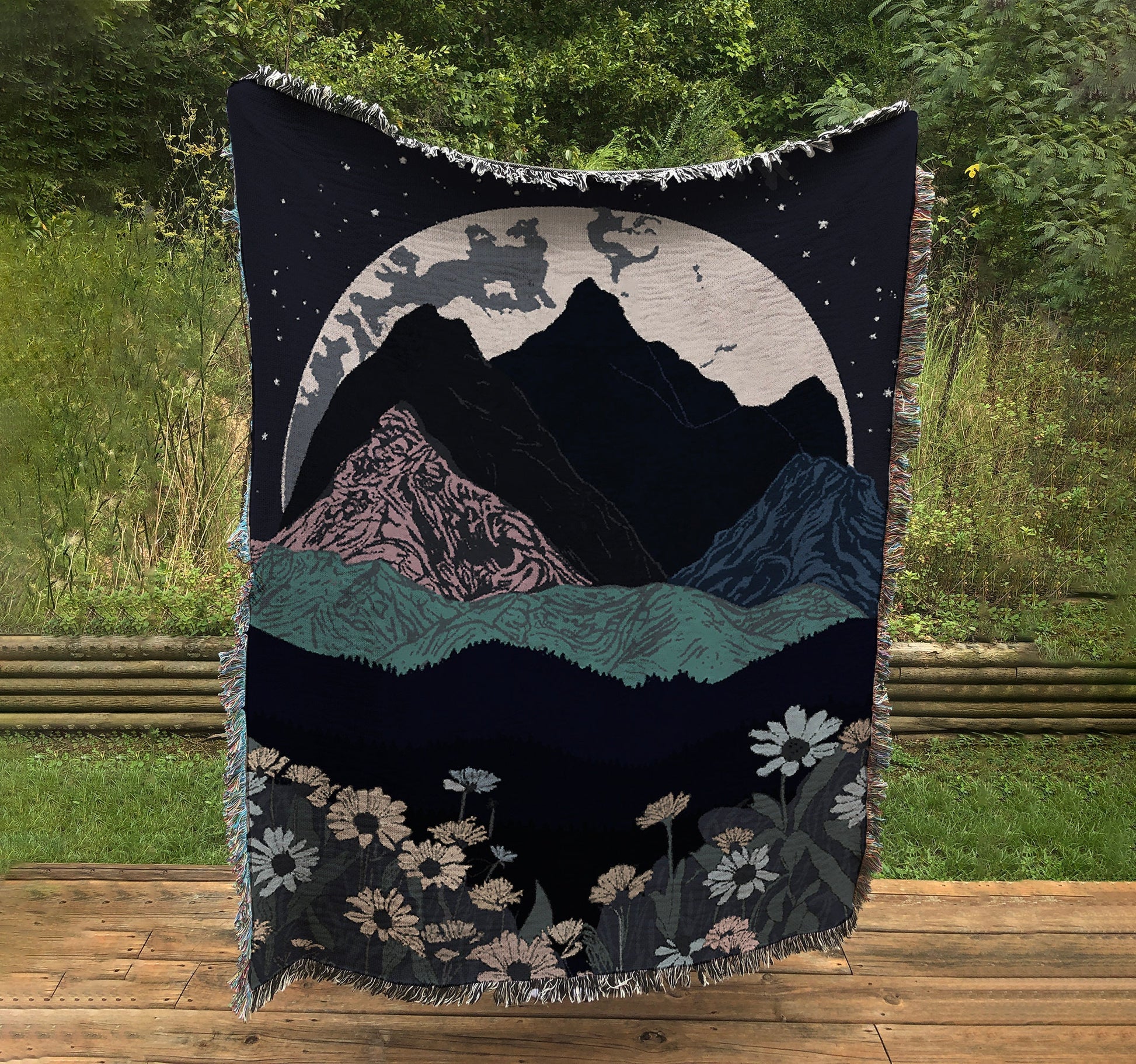 Mountains Woven Cotton Tapestry: Moon & Floral Bohemian Wall Hanging by DesignBohemian