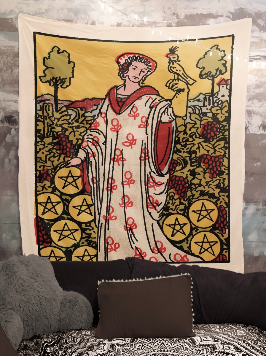 Nine of Pentacles Tarot Card Tapestry - Rider Waite Design