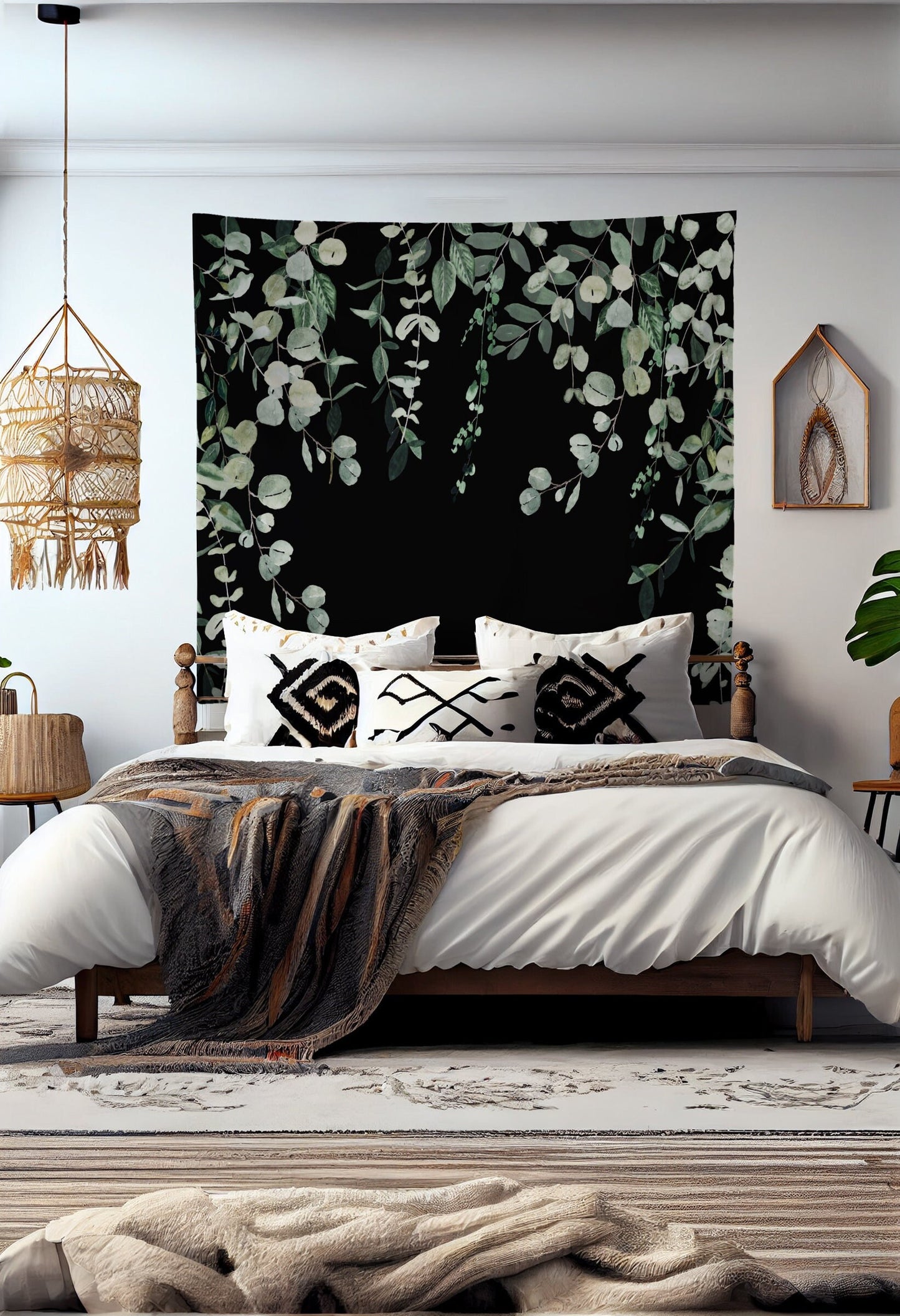 Green Plants - Eucalyptus Tapestry- Black Background Bohemian Tapestry Wall Hanging Meditation Yoga Grunge Hippie by DesignBohemian