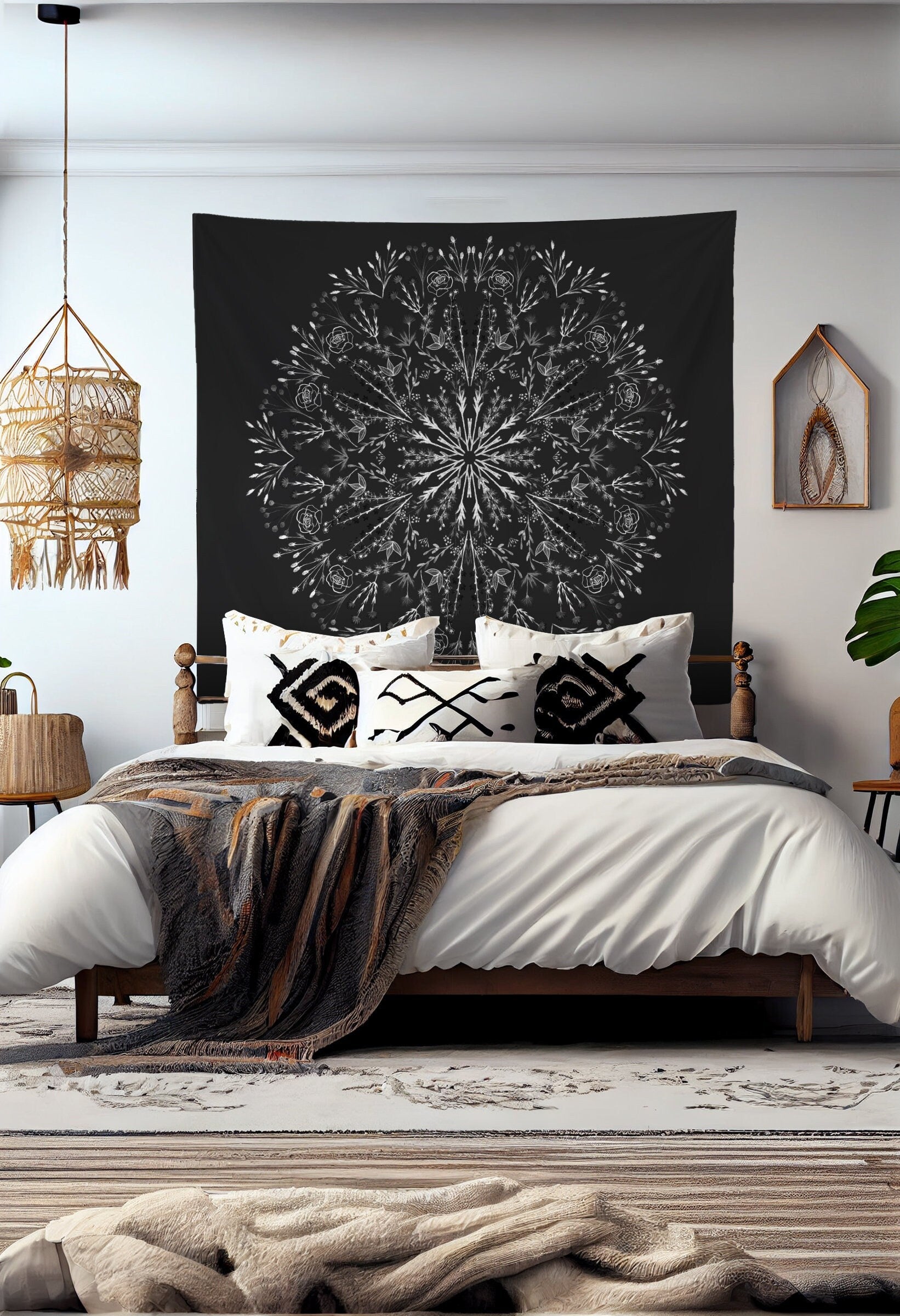 Wildflower black and white Watercolor Flowers Mandala Tapestry Wall Hanging Meditation Yoga Grunge Hippie by DesignBohemian