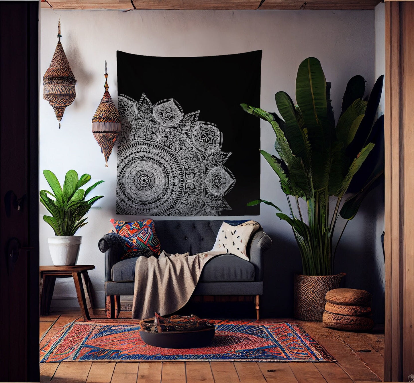 Black and White Mandala Tapestry: Yoga Meditation Wall Hanging by DesignBohemian
