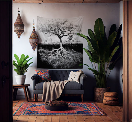 Black and White Tree Of Life As Above So Below Wall Tapestry Yoga by DesignBohemian