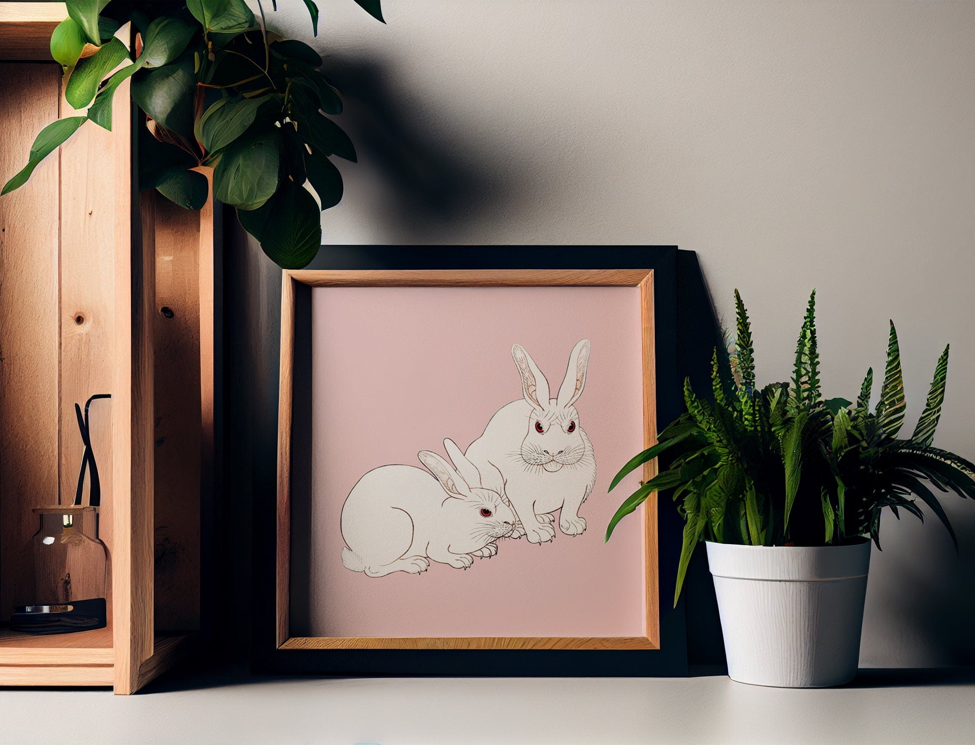 Vintage Japanese Rabbits Print by Ohara Koson - Pink Square Art by DesignBohemian
