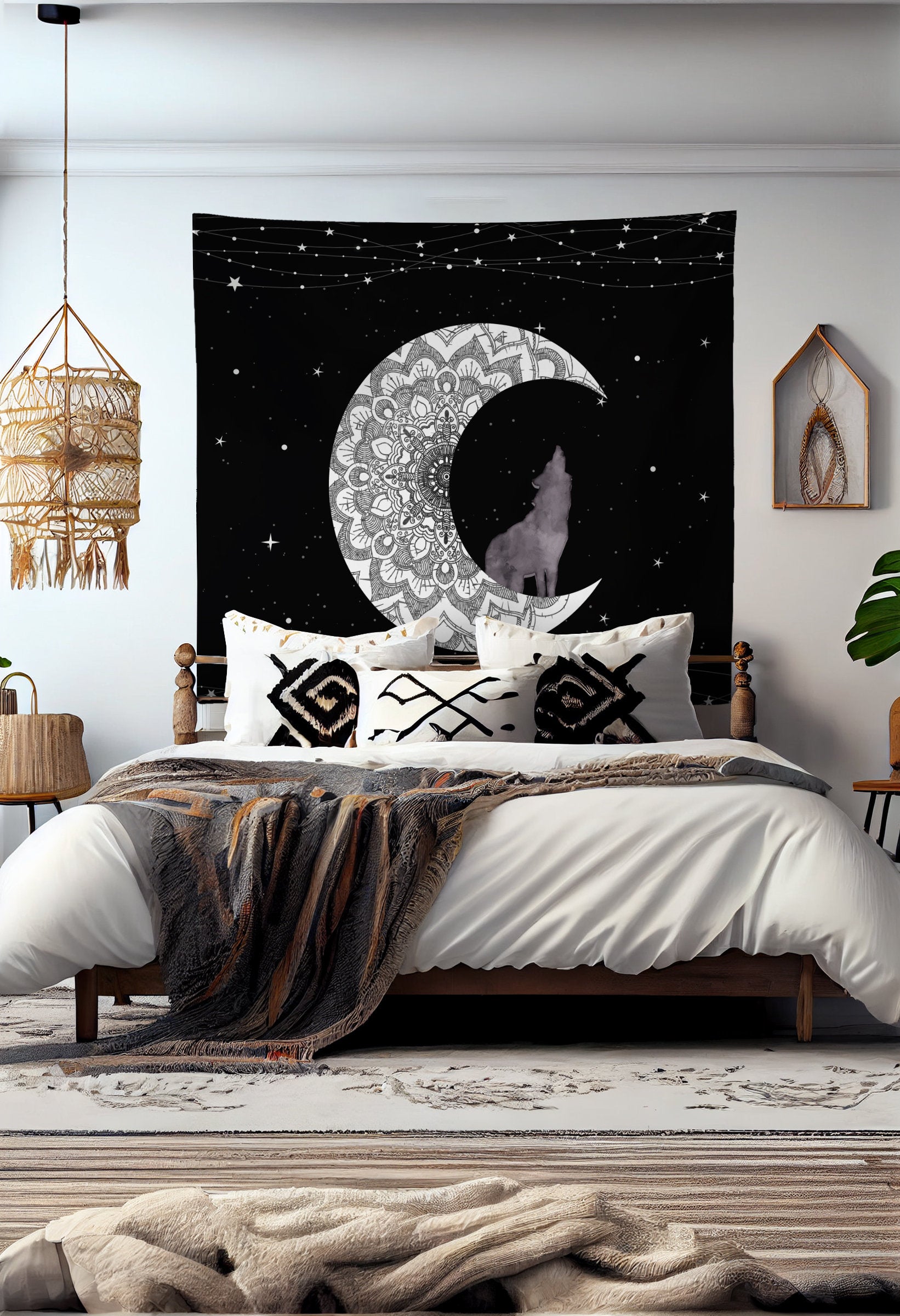 White Moon Wolf Tapestry Blue Distressed Tapestry Wall Hanging Meditation Yoga Grunge Hippie by DesignBohemian