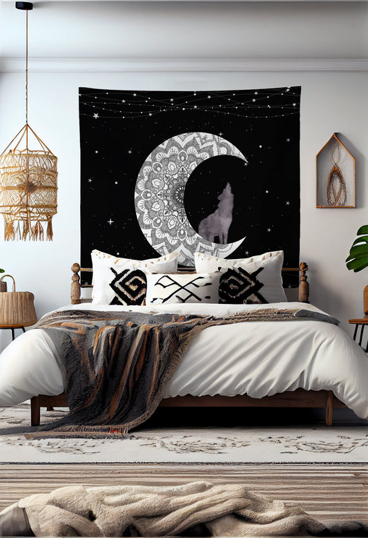 White Moon Wolf Tapestry Blue Distressed Tapestry Wall Hanging Meditation Yoga Grunge Hippie by DesignBohemian