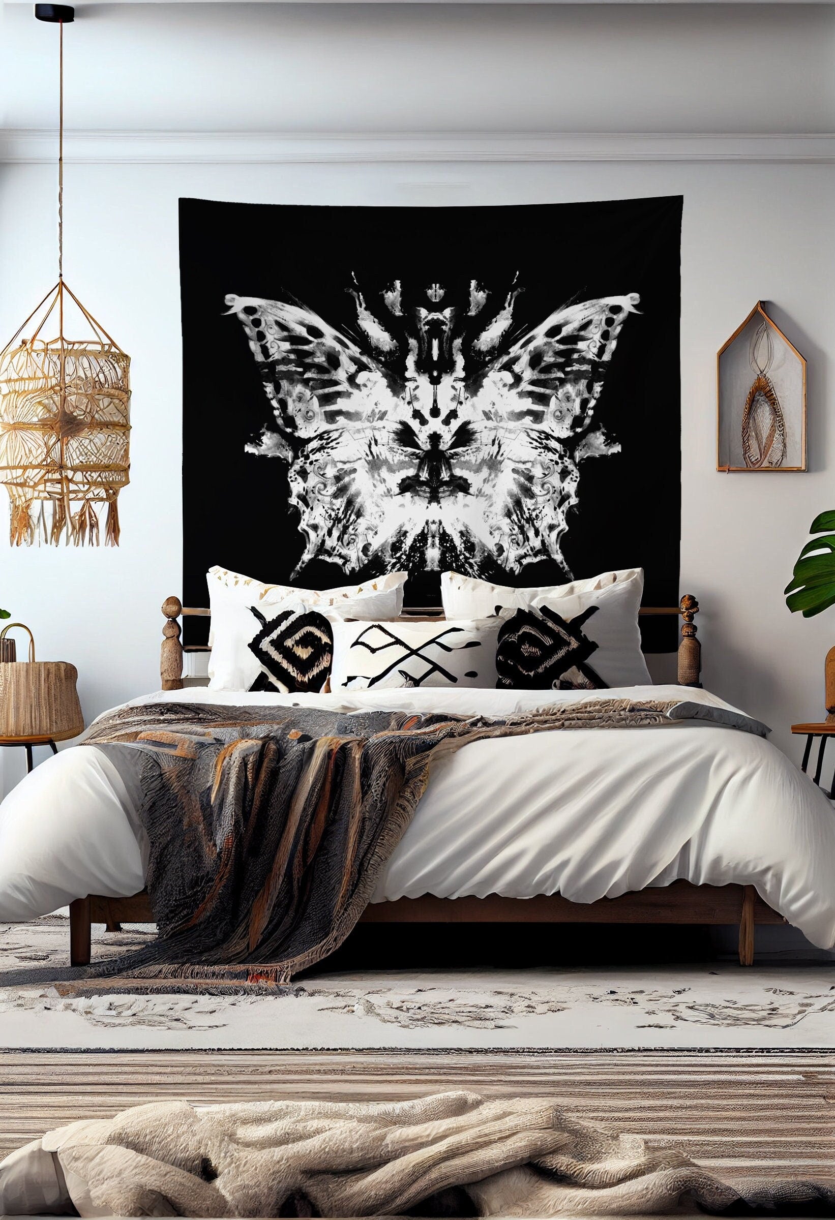 Butterfly Inkblot Tapestry Wall Hanging Black And White Meditation Grunge Hippie by DesignBohemian