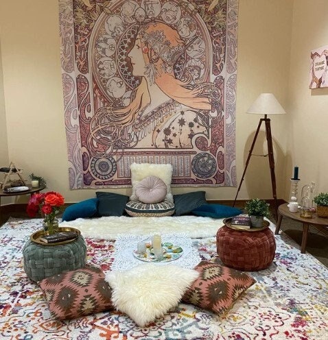 Art Nouveau Zodiac Tapestry Bohemian Wall Hanging Large Artwork Hippie Lady Mucha by DesignBohemian