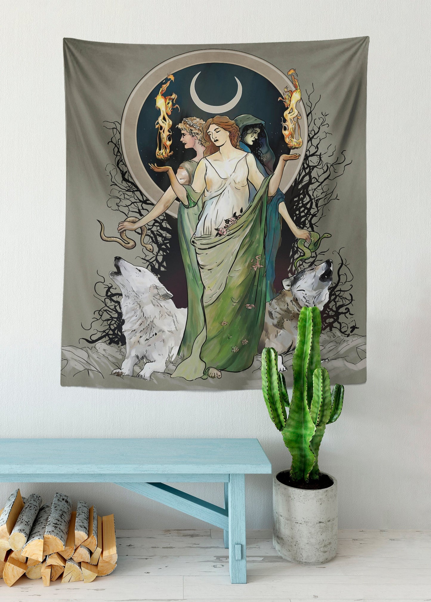 Hecate Tapestry: Moon Goddess, Wolves, Witchy Gothic Art by DesignBohemian