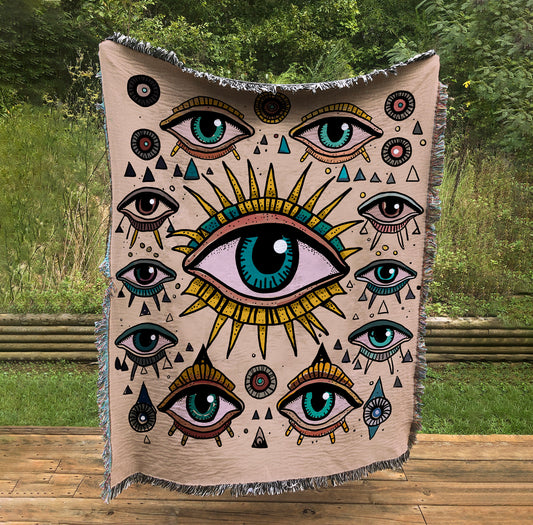 All Seeing Eyes Cotton Woven Blanket - Mystical Tapestry by DesignBohemian