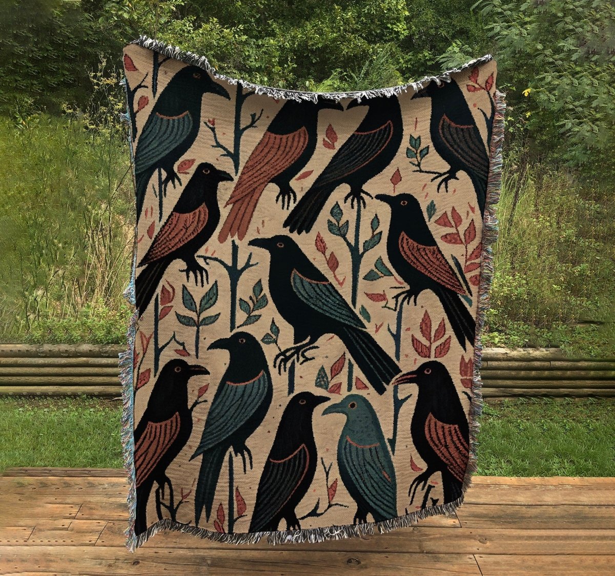 The Black Crows Folk Art Woven Throw Blanket