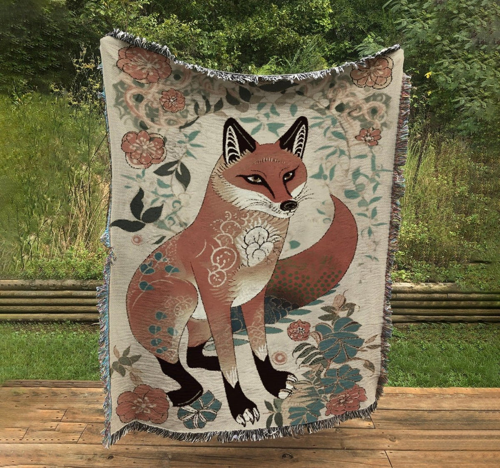 Fox Folk Art Woven Throw Blanket