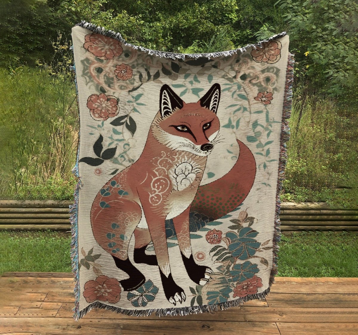 Fox Folk Art Woven Throw Blanket