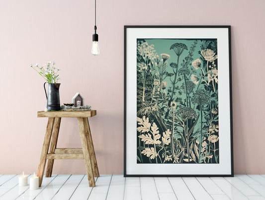 Floral Botanical Print - Vintage Green and Black - Bohemian - Large Artwork